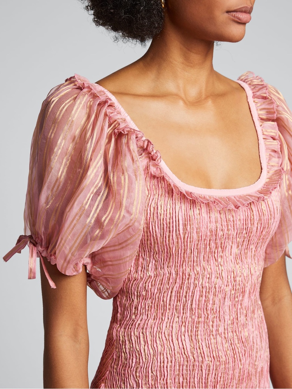 LoveShackFancy Violet Pink Silk Coquette Smocked Bow Puff Sleeve Mini Dress S - Picture 2 of 13